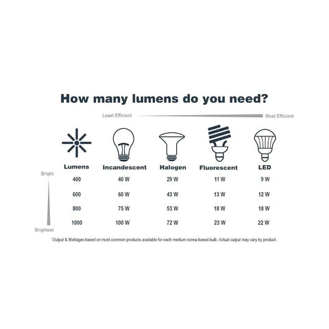 Chart showing light bulb efficiency: lumens, incandescent, halogen, fluorescent, LED wattage comparison from 400 to 1000 lumens.