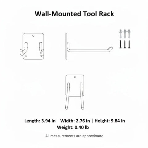 Diagram of Heavy Duty Iron Tool Rack for Garage Organization, Vertical Wall Mount Storage with screws and dimensions.