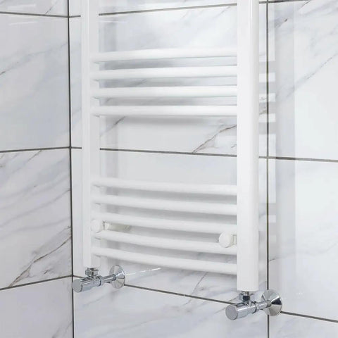 Close-up of towel radiator mounted using the Three Pack Replacement Towel Rail Radiator Brackets For Heated Walls White Finish Universal Adjustable