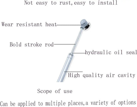 Heavy Duty Silver Gas Struts For Cabinets With 40N 9Lb Hydraulic Lift Supports Deliver Smooth Soft Closing Action and Nifty Rubber Heads Plus Plug And Play Mounting Kit For Eight Inch Telescopic Stroke Pack Of Four close-up showing hydraulic oil seal and stroke rod.