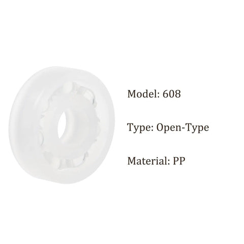 Five Pack Of 608 Open Style Single Row Bearings Measuring 8X22X7Mm With Hella Smooth Plastic Casings And Glass Balls That Roll Legit Clean For Longboards Inline Skates And Hobby Projects Built Different For Reliable Daily Runs - Close-up of a 608 open-type bearing made of PP.