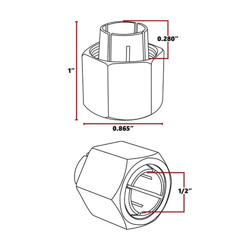 Diagram of Beefed Up Half Inch Router Collet Replacement For DeWalt Routers, Steel M19x1 Threads, with dimensions labeled
