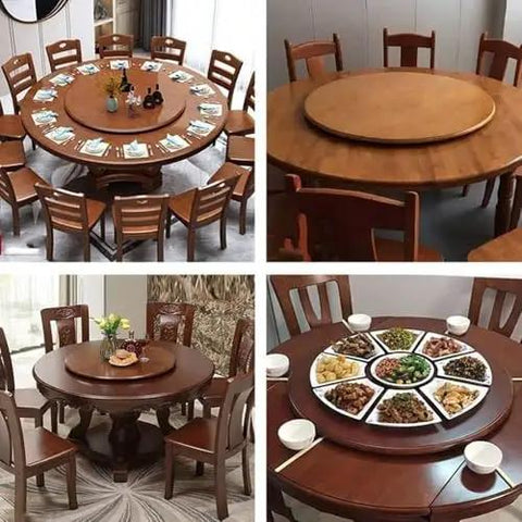 Rugged Wooden Lazy Susan Turntable Featuring Smooth 360 Spin For Dining Tables And Kitchen Counters, set on a large round dining table with dishes.
