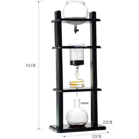 Premium Handmade Glass And Wooden Cold Brew Coffee Maker With Adjustable Copper Drip Valve And Large One Liter Ice Drip Tower dimensions and design