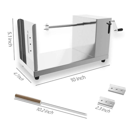 Front view of 10-inch stainless steel spiral potato cutter with wooden-handled rod and two blade plates.