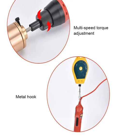 Close-up of the Heavy Duty Go To Handheld Electric Bottle Capper's multi-speed torque adjustment feature and metal hook.