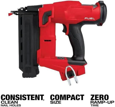 18 Gauge Cordless Brad Nailer Offering Kickass Trigger Response With Sequential Or Contact Actuation For Perfect Trim Applications Featuring Tool Free Depth Adjustments Dry Fire Lockout And A Badass Compact Build Anyone Can Trust, showing red body and compact design.