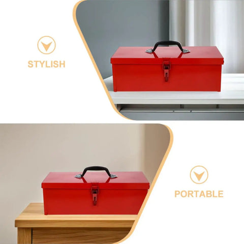 Tough As Nails Red Metal Toolbox Organizer With Secure Latch Closure And Rugged Portable Handle on a table.