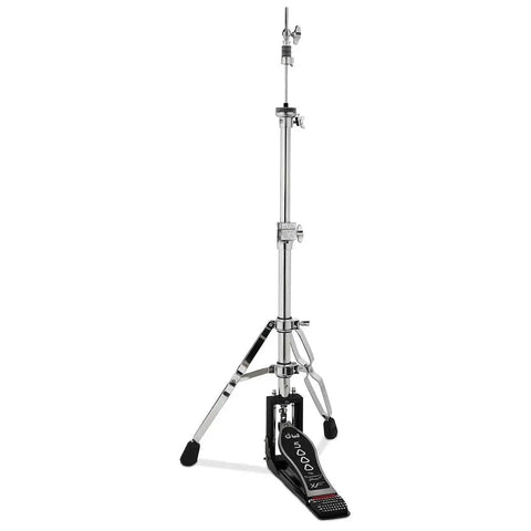 Killer Delta II Heavy Duty Hi Hat Stand With Extended Footboard Dual Leg Setup Featuring Locking Clutch Adjustable Seat And Tight Play Action, chrome finish and foldable footboard.