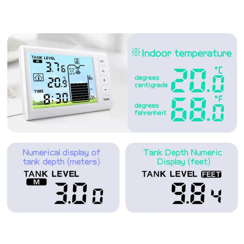 Wireless Ultrasonic Water Level Monitor for Tanks with High and Low Alarm, solar powered level sensor, IP65 waterproof gauge display