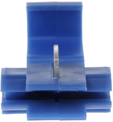 Close-up of Go-To 18-14 Gauge Splice Terminal in blue, showing weatherproof PVC material, part of 7 Pack for wiring projects.