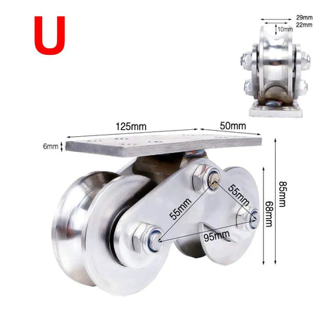 U-shaped Beefy Track Wheel Casters For Industrial Doors And Machinery, U V H Type Dual Wheel, 68mm stainless steel pulley