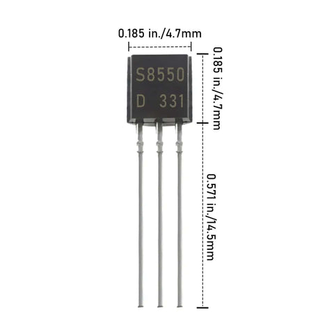 S8550 transistor dimensions shown from Pro Grade BJT Transistor Kit 250 Piece NPN PNP Assortment In TO92 Package.