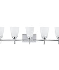Five Light Chrome Bathroom Vanity Light Fixture With Etched White Glass Shade 33 And A Half Inch Wide Sleek Transitional Design
