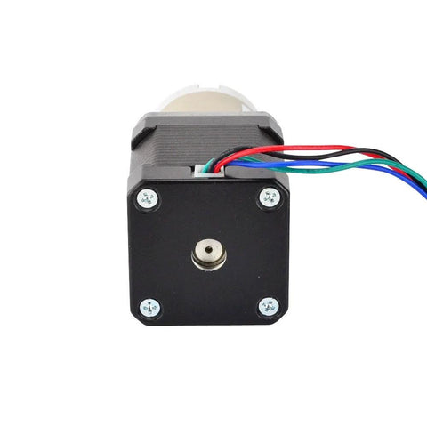 NEMA 17 stepper motor with 27:1 planetary gearbox, four-wire harness, front view