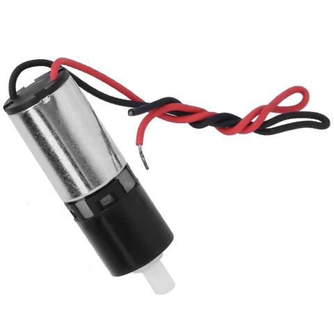 Garosa 6mm geared motor with metal body, red and black wires, two-stage gear, white plastic output shaft.