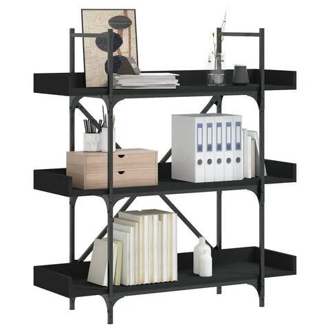Three Tier Industrial Bookshelf With Adjustable Shelves Sturdy Metal Frame And Engineered Wood Construction Black 42.7 Inch Tall Display Shelf