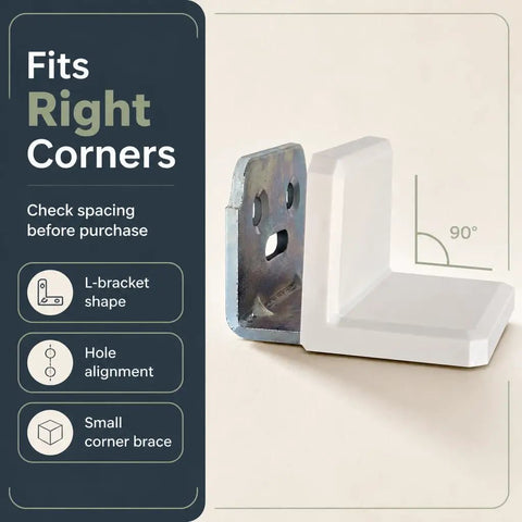 Hella Sturdy Stainless Steel L Brackets With Smooth White Caps Provide Serious Anti Tip Reinforcement For Floating Shelves Drawers And Cabinetry No Sweat Setup Ensures A Flawless Finish Every Single Time - L-bracket shape in silver and white for right corners.