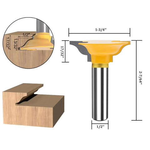 Close-up of router bit showing dimensions for Three Piece 1/2 Inch Shank Router Bit Set For Classical Extended Tenon And Pro-Grade Heavy Duty Door Rail Stile Milling Kit For Doors, Cabinets, Shelves, And Frames CNC Ready.