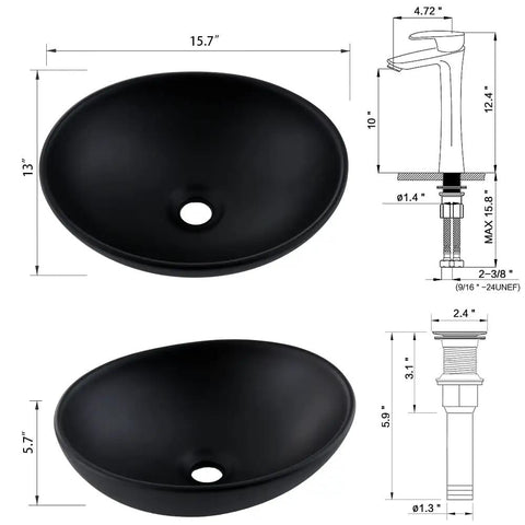 Oval Vessel Sink With Faucet And Drain Combo White Ceramic Above Counter Bathroom Sink 16x13 Inches Porcelain Vessel Basin Modern European Inspired Design Durable Ceramic Construction Easy Install black sink and faucet diagrams