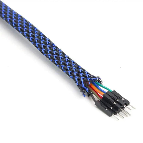 Expandable One Half Inch Cable Management Sleeve Protector One Hundred Foot PET Braided Wire Loom showing blue braided detail