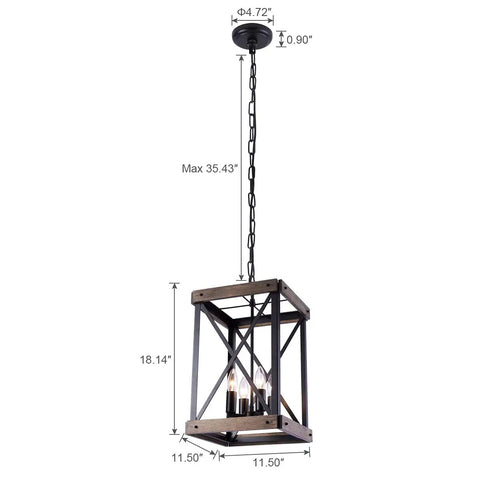 Four Light Wood Grain Black Cage Pendant Lamp For Kitchen Island And Dining Room with metal and wood frame, size illustrated.
