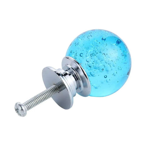 Hella Elegant 10 Pack 30 Millimeter Aqua Blue Crystal Cabinet Knobs Round Glass Bubble Drawer Handles K9 Crystal Zinc Alloy Furniture Hardware For Home Dresser Closet Pulls close-up of a blue crystal knob with chrome detailing