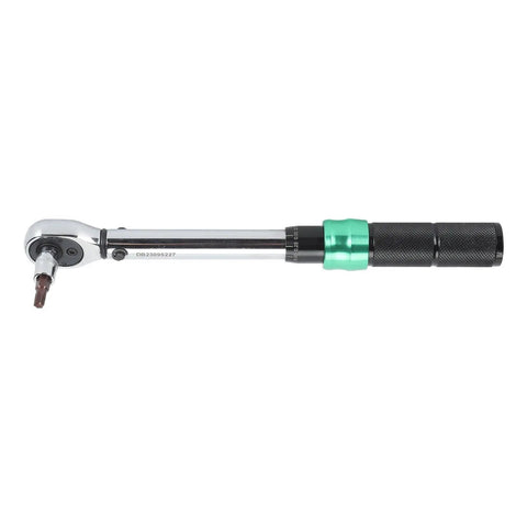Heavy Duty 5-25Nm Adjustable Click Torque Wrench Set With Stainless Steel Socket Kit For Auto Repair And Engine Work Pro Grade Spanner Gear Snap Tight Grip showing a chrome-finished ratchet with green accents.