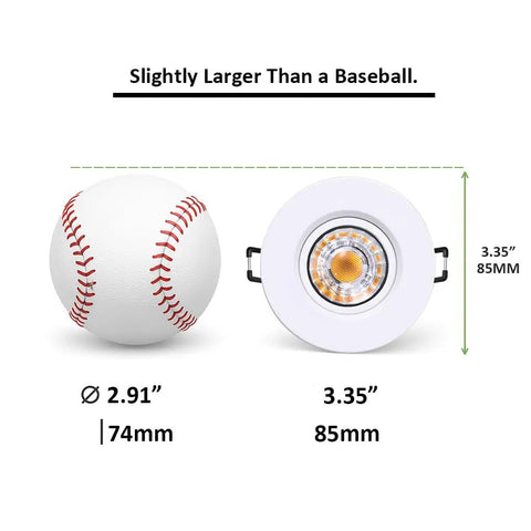 Canless Recessed Gimbal Downlight 3 Inch Eyeball Spotlight With 5 CCTs next to baseball for size, white round trim, easy install.