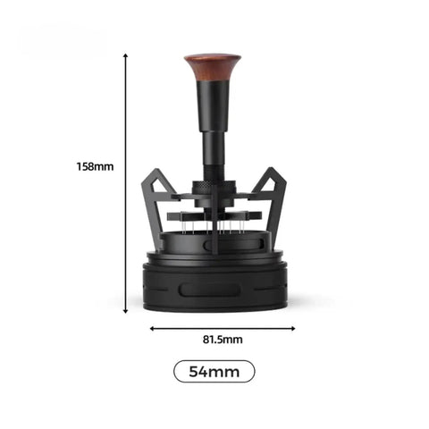 Smooth Operator Espresso Rotary WDT Tool And Coffee Stirrer With Built In Dosing Funnel Stand For Even Powder Distribution and Knockout Barista Shots At 54mm, side view with dimensions.