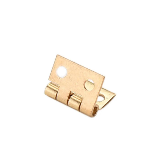 Close-up of a brass plated mini hinge from the 10 Pack Brass Plated Mini Hinges For Small Wooden Boxes And Cabinets, Decorative Box Lids With Nails, DIY Ready Furniture Hardware For Cabinets And Keepsakes, Easy Install.