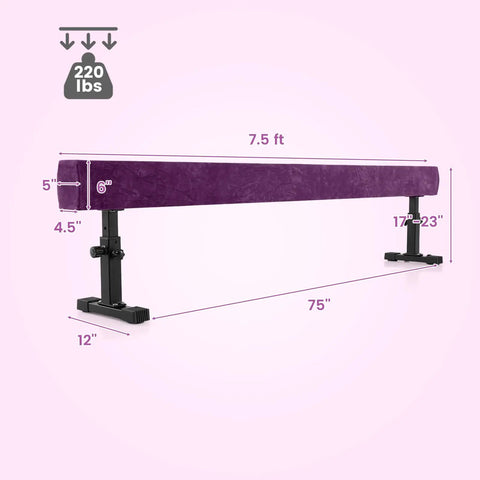 Next Level Gymnastics Training With This Heavy Duty 7.5 Ft Adjustable Balance Beam showing dimensions and weight capacity.