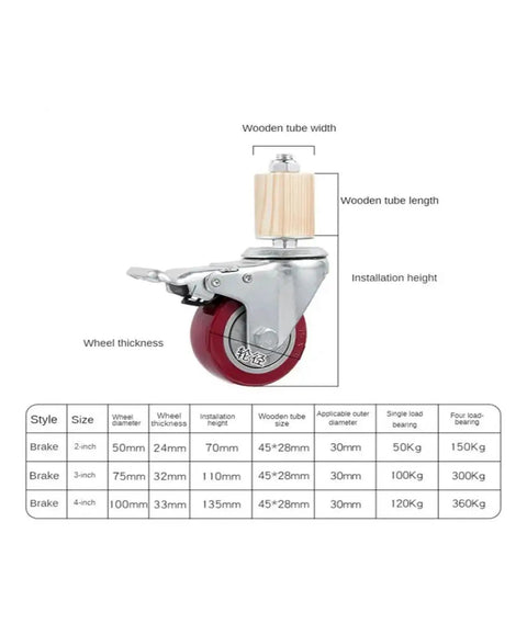 Four Pack 3 Inch Stainless Steel Swivel Casters With Locking Brakes Smooth Rolling Red Heavy Duty Wheels detailed view with dimensions.