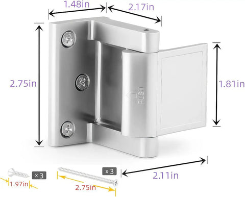 Heavy Duty Lockdown Door Reinforcer For Inswing Doors With Privacy Latch and Vent Gap, dimensions and screw details shown.