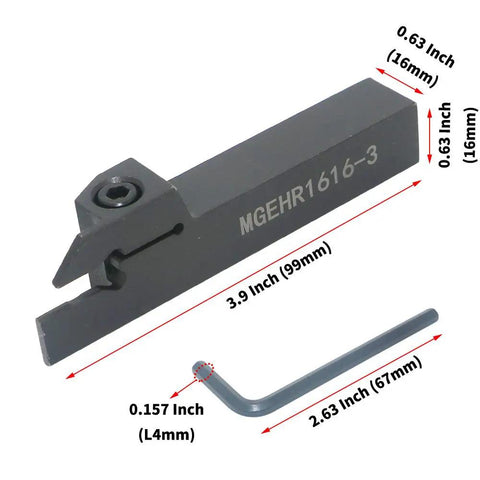 Grooving Tool Holder For CNC Lathe With 0.63 Inch Shank And Three MGMN300 Cemented Carbide Blades, shown with hex key