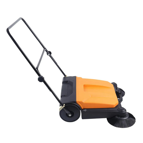 Heavy Duty 26 Inch Walk Behind Floor Sweeper With Foldable Handle and Sturdy Nylon Brushes for Durable Home Garage Cleaning use, no electricity needed.