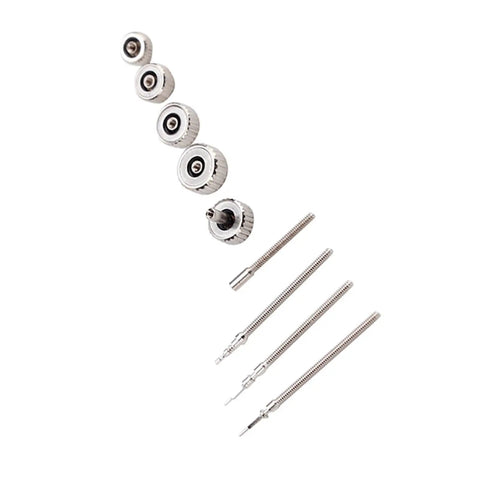 Stainless Steel Watch Repair Kit With Spring Bar Pins Crown Remover And Link Tool Set showing assorted crowns and bars