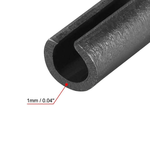 Close-up of Slotted Spring Pin 5mm x 20mm, Plain Finish 65Mn, showing thickness measurement in millimeters and inches