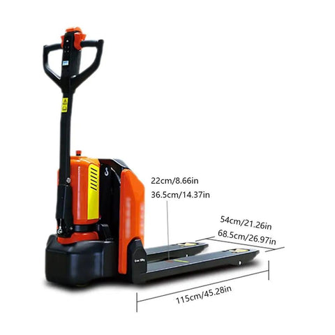 Big Budget 3300 Lb Full Electric Pallet Jack With Lithium Battery Fits Narrow Spaces side view showing dimensions in cm and inches.