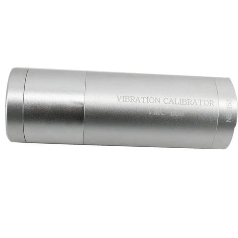 Portable Pro Grade Handheld Vibration Calibrator For Accelerometers And Vibration Monitoring Systems, 159.2 Hz RMS Vibration Check, Verifies Recording Gear, VMC606 Model, Supports Up To 150 G, silver cylindrical unit