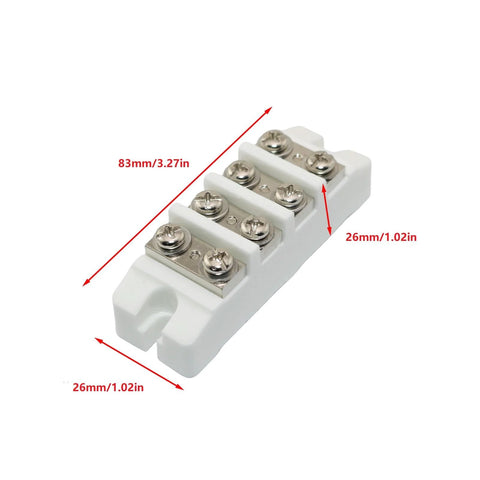 PZRT four-position ceramic high-current terminal block with screw terminals, white body, 83×26×26 mm.