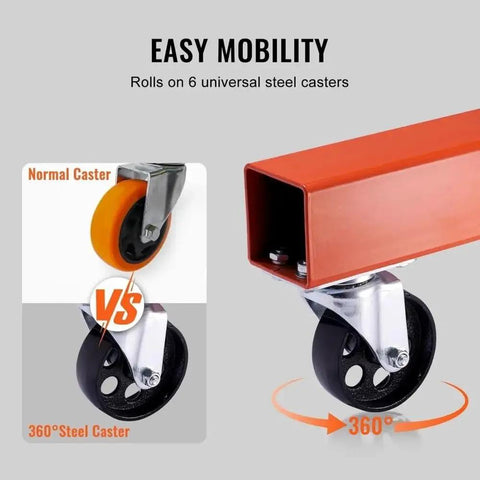 Badass 2 Ton Hydraulic Engine Hoist With Fast Pivot Rotator And Smooth Lever Control Folding Cherry Picker showing comparison of 360° steel caster mobility.