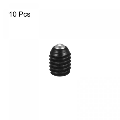 Built Tough M6 X 8mm Ball Point Set Screws With Spring Loaded Plunger 10 Pack High Carbon Steel Hex Socket Grub Fasteners viewed from the side.