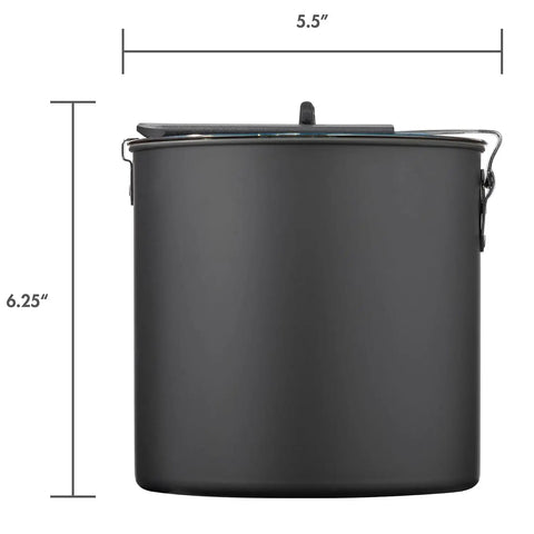 Side view of Two Person Camping Cook Set with 5.5" diameter, 6.25" tall lightweight two liter hard anodized pot.