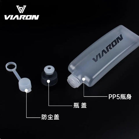 Curved 400ml Water Bottle For Running And Cycling with detachable caps displayed on black surface