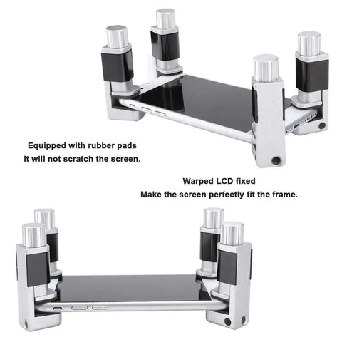 4Pcs Universal Aluminum Phone And Tablet Holder Clamp With Scratch Proof Rubber Pads Heavy Duty Grip Vehicle Mount For Dashboards And Work Benches Sweet Ride Guaranteed, showing phone securely held in clamp.