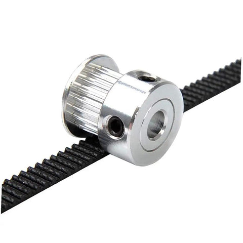 Close-up of a 20-tooth aluminum pulley with a GT2 timing belt, part of 5M GT2 Timing Belt Kit For 3D Printers With 15mm Wide Belt