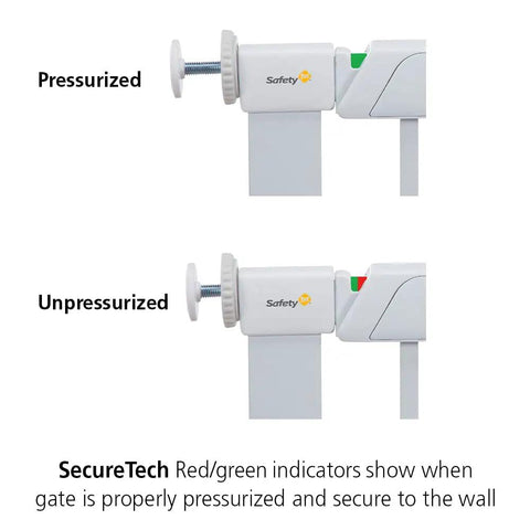 Flat Step Pressure Mounted Baby Gate For Doorways With Door, Easy No Drill Install, pressure indicator showing pressurized and unpressurized states