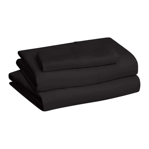 Fresh Threads Super Soft Microfiber Twin Bed Sheet Set stacked, includes flat fitted sheet and pillowcase in sleek black.