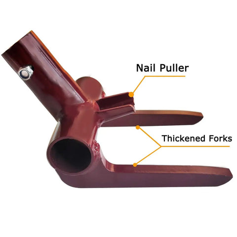 Back-Saver Pallet Breaker Head Only With Nail Puller, Red pallet tool head with thickened forks and 1-inch pipe handle opening
